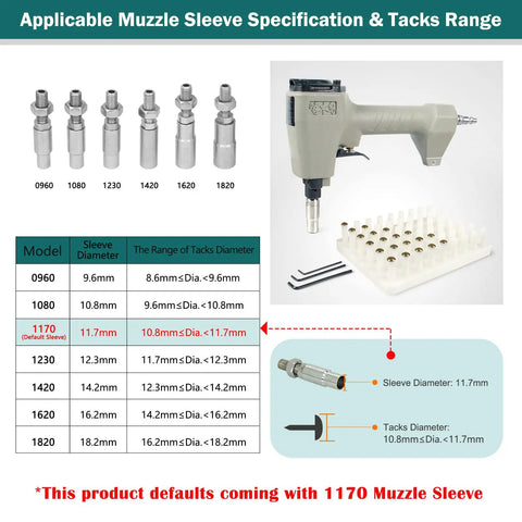 Pneumatic Decorative Nail Gun 7 16 Inch Deco Tack Nailer features 11.7mm muzzle sleeve specification for sofas, ergonomic handle visible.