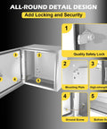 Heavy Duty Steel Electrical Junction Box 12X10X8 Inch IP66 Waterproof And Dustproof Outdoor Indoor Project Enclosure With Mounting Plate showing safety lock and mounting details.