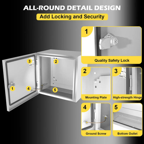 Heavy Duty Steel Electrical Junction Box 12X10X8 Inch IP66 Waterproof And Dustproof Outdoor Indoor Project Enclosure With Mounting Plate showing safety lock and mounting details.