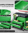 Rolling Mechanic Seat With 3 Drawers And Tool Tray 350 Lbs Capacity Green Heavy Duty Metal Frame Padded Cushion For Home Garage Auto Shop On Wheels With Locking Casters And Durable Steel Construction For Long Lasting Use, open drawers