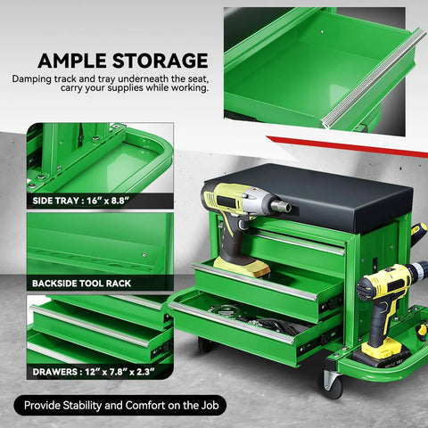 Rolling Mechanic Seat With 3 Drawers And Tool Tray 350 Lbs Capacity Green Heavy Duty Metal Frame Padded Cushion For Home Garage Auto Shop On Wheels With Locking Casters And Durable Steel Construction For Long Lasting Use, open drawers