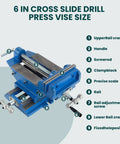 Heavy Duty Cross Slide Drill Press Vise With Six Inch Max Jaw Opening Built Tough Cast Iron Workhorse showing labeled parts and features.