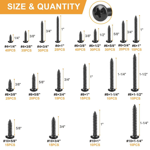 Over Four Hundred Piece Stainless Steel Black Wood Screws Set With Phillips Pan Head Self Tapping Coarse Thread sizes view