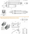 Diagrams showing Tough 12V Linear Actuator 2800N 617lbs with IP67 waterproof, 0.2 inch per second speed, 20 inch stroke, and brackets included.