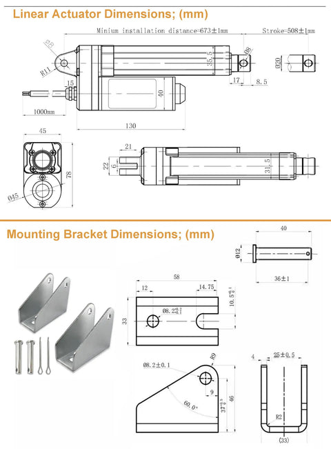 Diagrams showing Tough 12V Linear Actuator 2800N 617lbs with IP67 waterproof, 0.2 inch per second speed, 20 inch stroke, and brackets included.