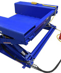 Electric Hydraulic Ground Lift Table With Tilt Top, 44 By 52 Inch Steel Deck, 4000 Lb Capacity, blue lift table with power switch.