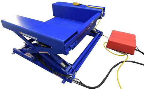 Electric Hydraulic Ground Lift Table With Tilt Top, 44 By 52 Inch Steel Deck, 4000 Lb Capacity, blue lift table with power switch.