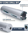 Side view of 2-1/2 inch diamond dry core drill bit with 5/8-11 thread; 10 inch depth; includes 3 adapters