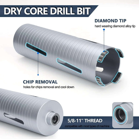 Side view of 2-1/2 inch diamond dry core drill bit with 5/8-11 thread; 10 inch depth; includes 3 adapters