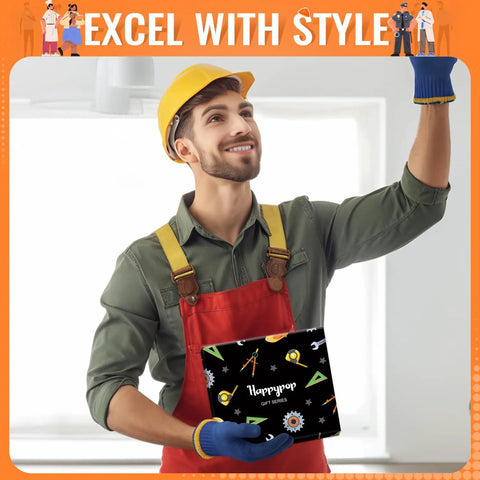 Man in hard hat holding gift box with Nacho Average Mechanic Socks Pack For Gearheads And Car Lovers Funny Automotive Gift design.