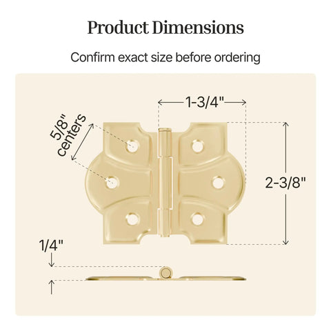 Dimensions of Butterfly Hinges With Removable Pin In Polished Brass, Surface Mount 1-3/4 In Wide By 2-3/8 In High, 5/8 In Center