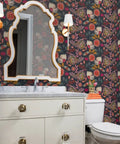 Custom Printed Colorful Blue Floral Vinyl Wallcovering Featuring Subtle Leather Texture, Commercial Grade for Bathrooms.