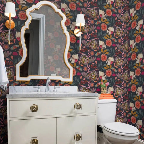 Custom Printed Colorful Blue Floral Vinyl Wallcovering Featuring Subtle Leather Texture, Commercial Grade for Bathrooms.
