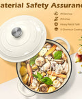 Open Cream White Enameled Cast Iron Dutch Oven 5 Quart With Lid And Cotton Potholders showing ingredients for cooking.