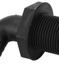 Close-up of nylon through hull fitting, 3/4 inch tube with 90-degree elbow, marine-grade connector for transoms and fish wells