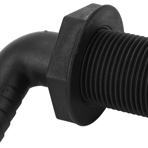 Close-up of nylon through hull fitting, 3/4 inch tube with 90-degree elbow, marine-grade connector for transoms and fish wells