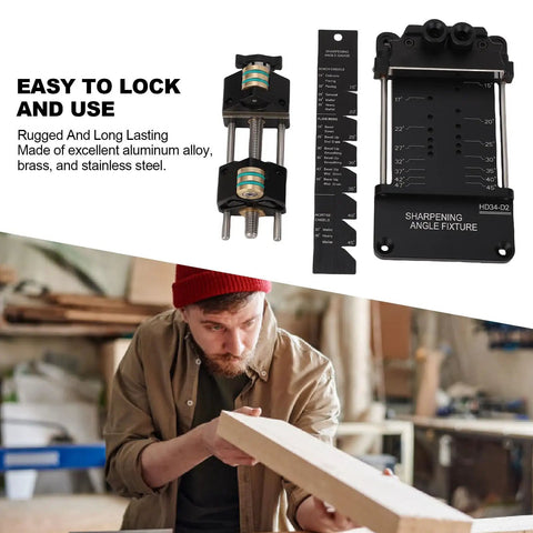 Pro Level Chisel Sharpening Jig With Adjustable Angle Ruler And Secure Clamps For Five To Seventy Millimeter Blades Built Like A Tank Using Aluminum Steel And Brass Woodworking Honing Guide Keeps Edges Razor Sharp Daily shown with angle fixture in use.
