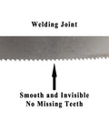Close-up of Seventy Point Five Inch Long Bi Metal M42 Bandsaw Blade One Half Inch Wide Zero Point Zero Two Five Inch Thick 24 TPI welding joint.