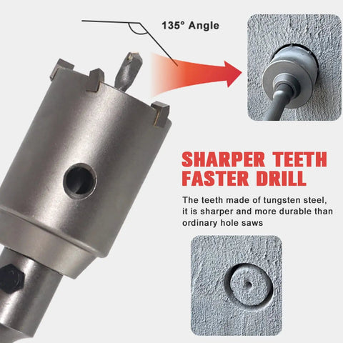 Close-up of 8 Piece Concrete Hole Saw Kit 2 Inch Masonry Hole Saws For Cement SDS Plus Core Bits Tungsten Carbide Steel in use.