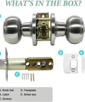 10 Pack Brushed Nickel Round Privacy Door Knobs for Interior Doors, components shown with latch, screws, strike plate