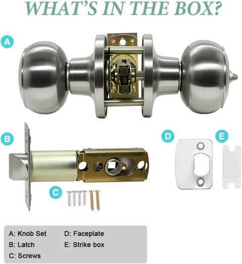 10 Pack Brushed Nickel Round Privacy Door Knobs for Interior Doors, components shown with latch, screws, strike plate