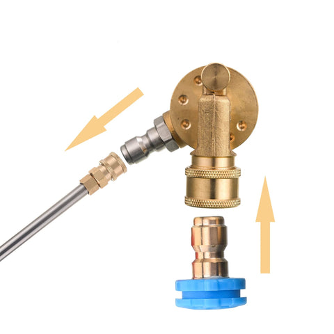 FIXFANS brass pivoting coupler for pressure washer gutter cleaner attachment; 1/4-inch quick-connect; blue cap.