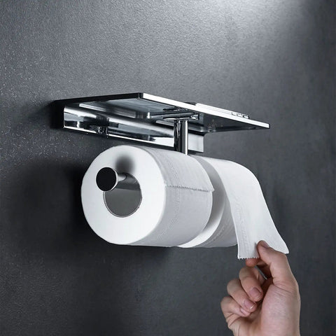 Heavy Duty Double Toilet Paper Holder With Phone Shelf Polished Chrome Dual Roll Tissue Dispenser Solid Brass Wall Mount
