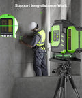 3D Self Leveling Laser Level With 3x360 Green Beam For Tiling Floors And More Osram Green Output Pro Grade Dual Li Ion Batteries Type C Charge Port Magnetic Bracket Hard Carry Case LS03DG showing usage on a construction site with worker