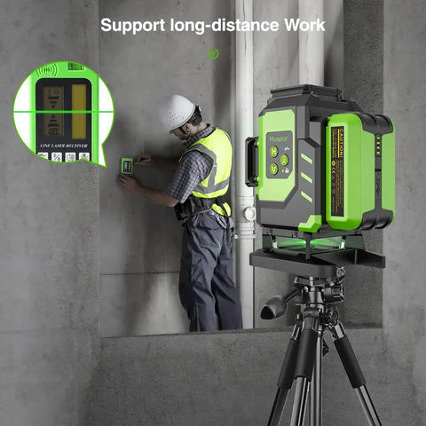 3D Self Leveling Laser Level With 3x360 Green Beam For Tiling Floors And More Osram Green Output Pro Grade Dual Li Ion Batteries Type C Charge Port Magnetic Bracket Hard Carry Case LS03DG showing usage on a construction site with worker