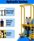 Front view of yellow hydraulic material lift stacker with double-column frame and removable platform