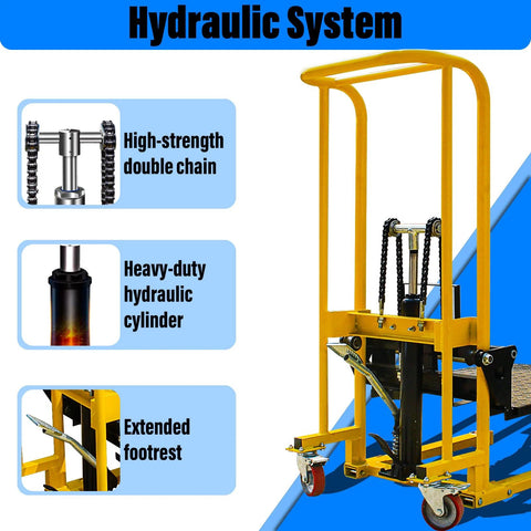 Front view of yellow hydraulic material lift stacker with double-column frame and removable platform