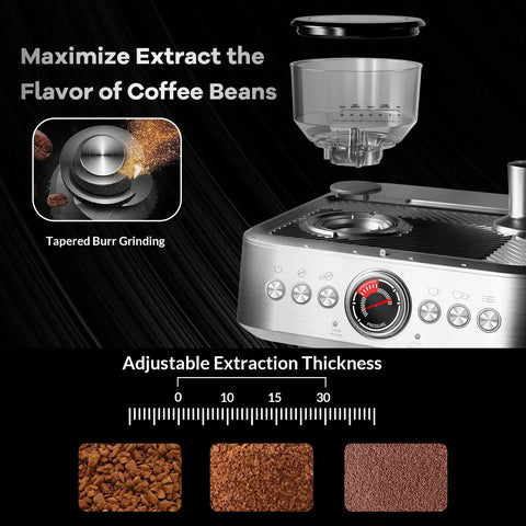 Semi Automatic Espresso Machine With Built In Grinder And Steam Milk Frother 20 Bar Pressure Pump 95 Oz Water Tank, showing tapered burr grinding feature.