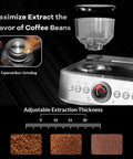 Kickstart Your Daily Grind With This 20 Bar Semi Automatic Espresso Machine Featuring A Built In Grinder And Automatic Milk Frother Generous 95 Oz Water Tank For Reliable Home Barista Brewing, showing tapered burr grinder and extraction thickness adjustment.