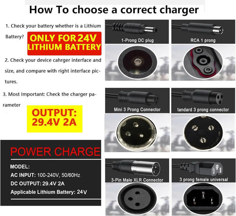 24V Lithium Battery Charger for Electric Scooters and Skateboards Dope 29.4V 2A Fast Replacement With 7 In 1 Plugs Smart LED Indicators And Multi Protection Safe For 24V Lithium Batteries Compatible With GoTrax Razor Ninebot