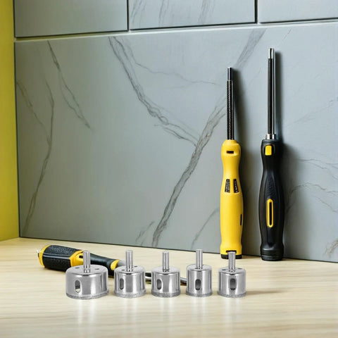 20 Piece Diamond Hole Saw Set For Tile Glass Marble Cutting With Low Vibration Design And Quick Heat Dissipation To Make Precise Drilling Jobs Super Easy And Smooth For All Your Home Reno Adventures. five diamond core drill bits on countertop