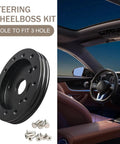 Slick Hardcore Street Ready Six To Three Hole Steering Wheel Adapter With Quick Release Hub and Rugged Locking Bolts for Universal Car Mods and Daily Cruisers Black, featuring a black alloy 6 hole to 3 hole steering wheel kit.