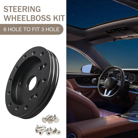 Slick Hardcore Street Ready Six To Three Hole Steering Wheel Adapter With Quick Release Hub and Rugged Locking Bolts for Universal Car Mods and Daily Cruisers Black, featuring a black alloy 6 hole to 3 hole steering wheel kit.