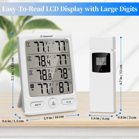 Indoor Outdoor Thermometer With 3 Remote Sensors Wireless Digital Hygrometer And Temperature Humidity Monitor With Large LCD Real Time Readings Max Min History Comfort Indicator 200 Ft Range, large LCD and sensor dimensions shown