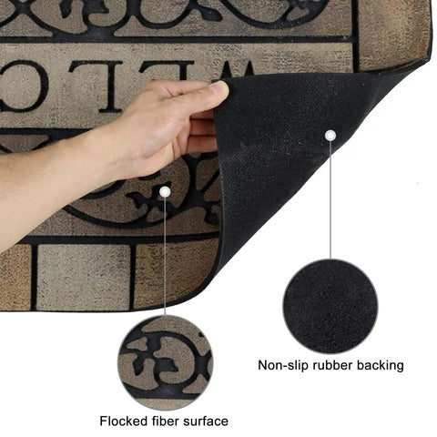 Heavy Duty Entrance Door Mat 24 By 36 Inch Large Entryway Doormat Non Slip Rubber Back Low Profile For Front Porch Garage Patio High Traffic Outdoors Welcome Mat showing non-slip backing and flocked fiber surface.