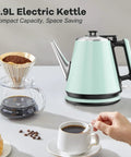Mint green 0.9L electric kettle with 304 stainless steel interior, 1000W fast boil, vintage design, next to coffee setup