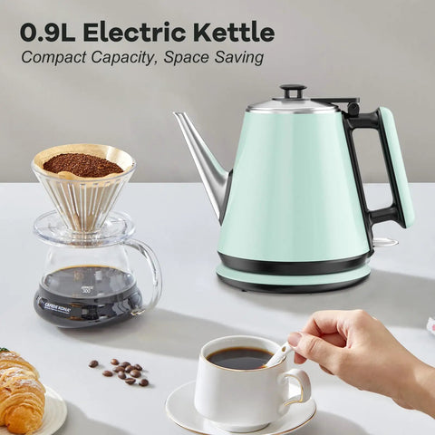 Mint green 0.9L electric kettle with 304 stainless steel interior, 1000W fast boil, vintage design, next to coffee setup