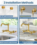 Commercial Wall Mounted Kitchen Faucet 8 Inch Center Mount With Double Cross Handles 360 Degree Rotatable Spout Antique Brass Finish Pro Grade Solid Brass Construction Built To Last For Utility Laundry And Restaurant Use showing installation methods.