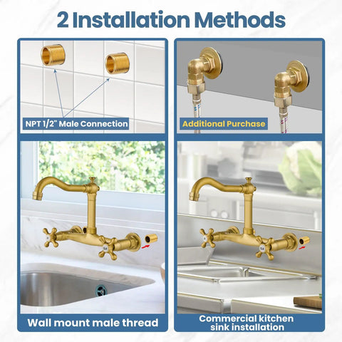 Commercial Wall Mounted Kitchen Faucet 8 Inch Center Mount With Double Cross Handles 360 Degree Rotatable Spout Antique Brass Finish Pro Grade Solid Brass Construction Built To Last For Utility Laundry And Restaurant Use showing installation methods.
