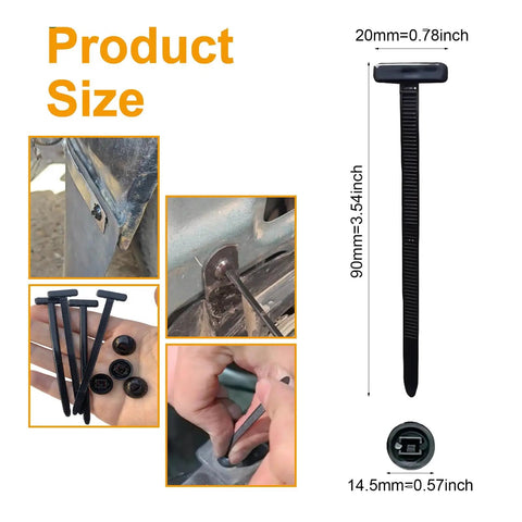 Heavy Duty Nylon Cable Tie Buckle Kit With Pin And Button, UV resistant black zip ties shown with dimensions and installation examples.