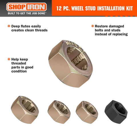Wheel Stud Installation And Rethread Kit, 12-piece set showing various nuts for SUVs and light trucks
