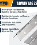 36 Inch Silver Heavy Duty Piano Hinge Continuous Stainless Steel 304 Two Pack highlighting corrosion resistance and durability