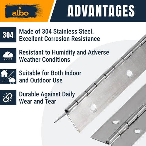 36 Inch Silver Heavy Duty Piano Hinge Continuous Stainless Steel 304 Two Pack highlighting corrosion resistance and durability