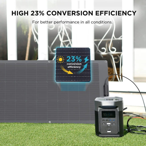 100W Flexible Solar Panel For Off Grid Power, High Efficiency 23 Percent, IP68 Waterproof, shown with generator on grass