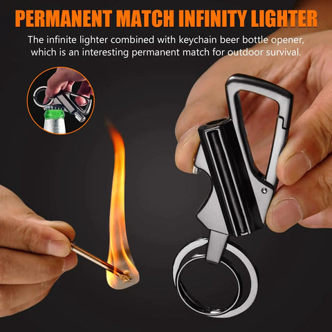 Infinity Permanent Match Lighter With Multitool Keychain Bottle Opener shown lighting and opening a bottle