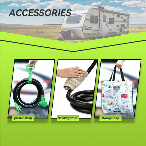 Extra Heavy Duty 50 Amp RV Extension Cord 25 Foot Length Featuring Hella Tough Build And Badass UV Resistant Design accessories display.